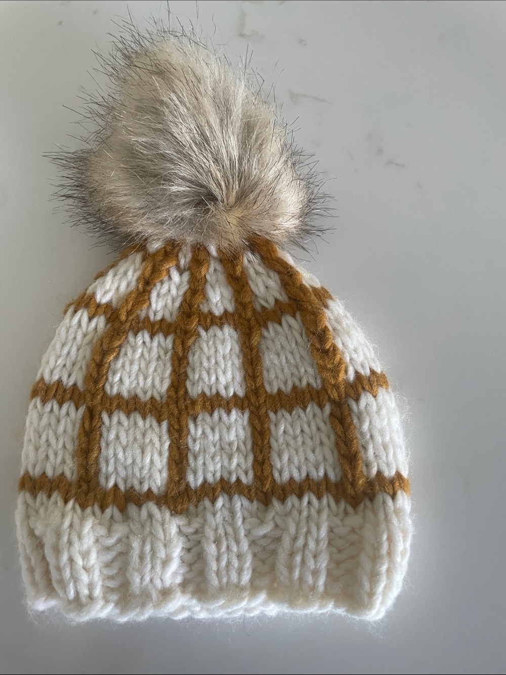 The Blueberry Hill Knit Pom Beanie - White & Mustard Sz xsmall 3-12 months